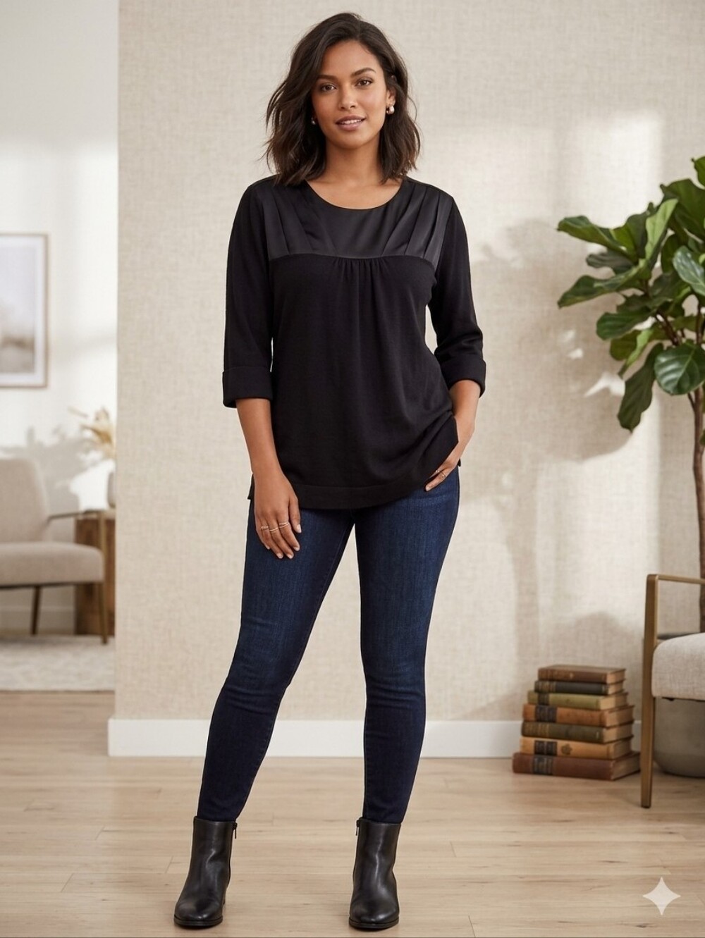 Nine West Black Satin-Trim Scoop Neck Blouse